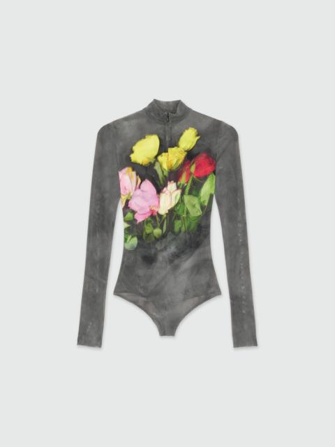 MSGM Black stretch tulle bodysuit with "Roses bouquet" graphic