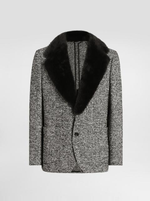 Dolce & Gabbana Single-breasted dotted wool jacket with fur collar