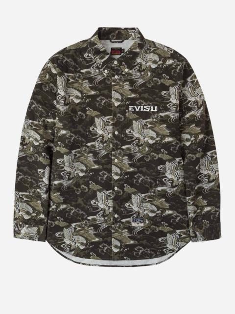 EVISU Allover Crane Print Relax Fit Shirt