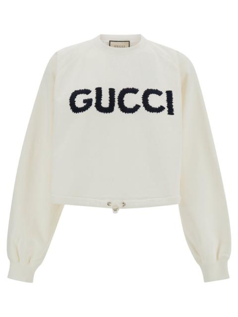 GUCCI Gucci Women White Cropped Crewneck Sweatshirt With Logo Print In Cotton Woman
