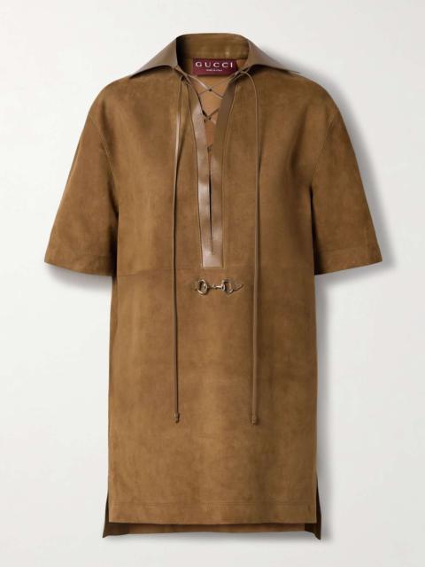Horsebit-detailed leather-trimmed suede mini dress Brown
