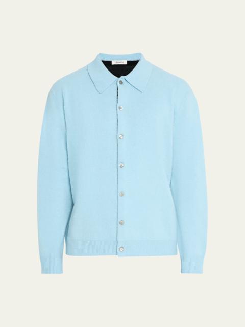 ZANKOV Men's Brushed Wool and Cashmere Color-Block Polo Cardigan