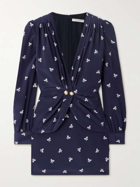 Wrap-effect embellished pleated printed silk crepe de chine mini dress Navy