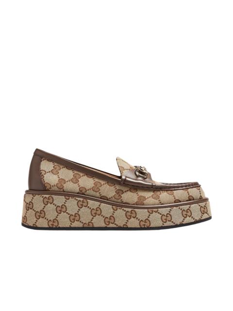 Other Designers Gucci Horsebit Wedge Loafers in Beige Ebony GG Canvas with Gold Hardware