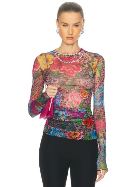 AREA Crystal Embellished Printed Tulle Long Sleeve Top