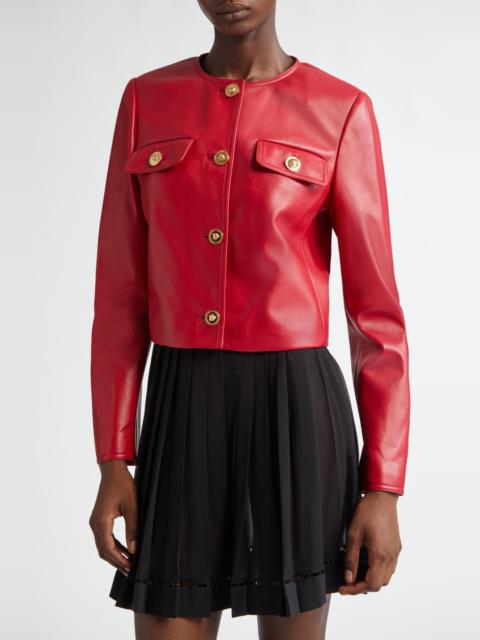 Versace Pocket Detail Leather Crop Jacket in Lipstick Red at Nordstrom