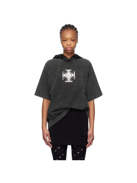 We11done Black Heart Cross Hooded T-shirt