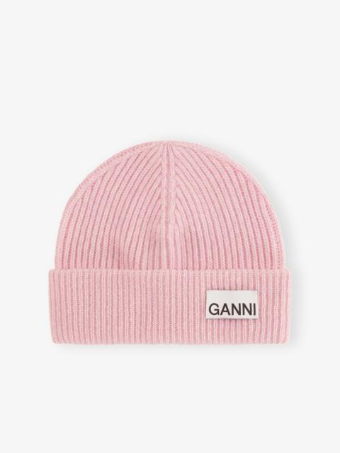 GANNI LIGHT PINK FITTED RIB KNIT WOOL BEANIE