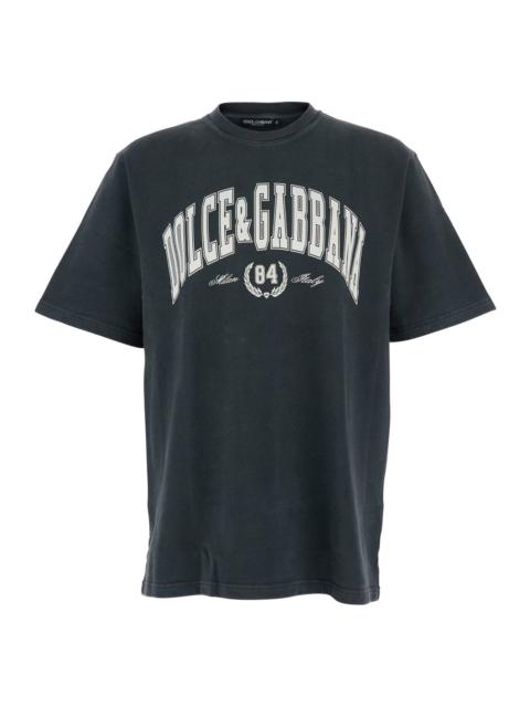 Dolce & Gabbana Dolce & Gabbana Men Dark Grey Crewneck T-Shirt With Logo Lettering Print On The Front In Cotton Man