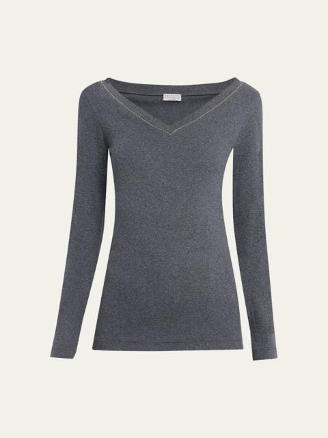 Brunello Cucinelli Monili V-Neck Long-Sleeve Cotton Rib Top