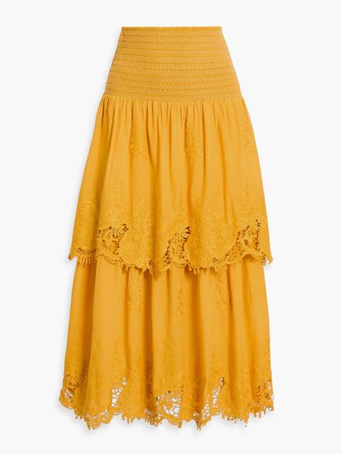FARM RIO Tiered embroidered cotton midi skirt