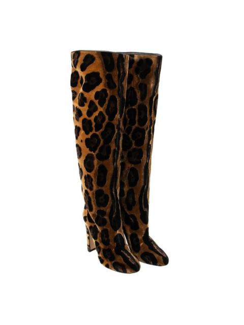 Dolce & Gabbana Leopard Velvet Leather Boots Heels VALLY Brown 38 US 8 13400
