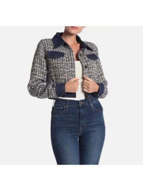 Other Designers Gracia Crop Jacket Tweed Denim Blue Silver Glitter Contrast Denim Sz S NWT $143