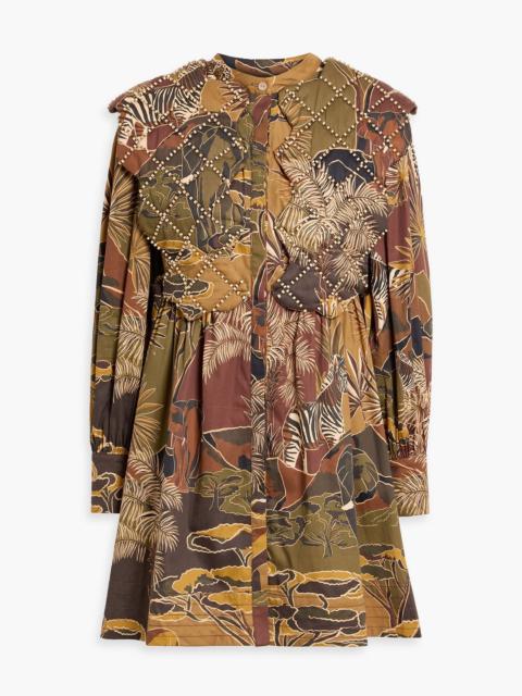 FARM RIO Bead-embellished printed cotton-poplin mini dress