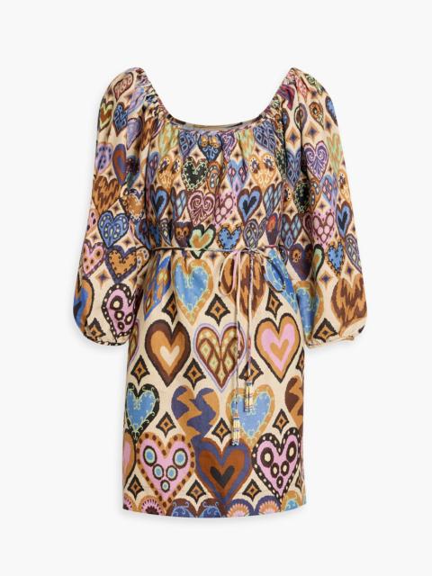 FARM RIO Belted printed linen-canvas mini dress