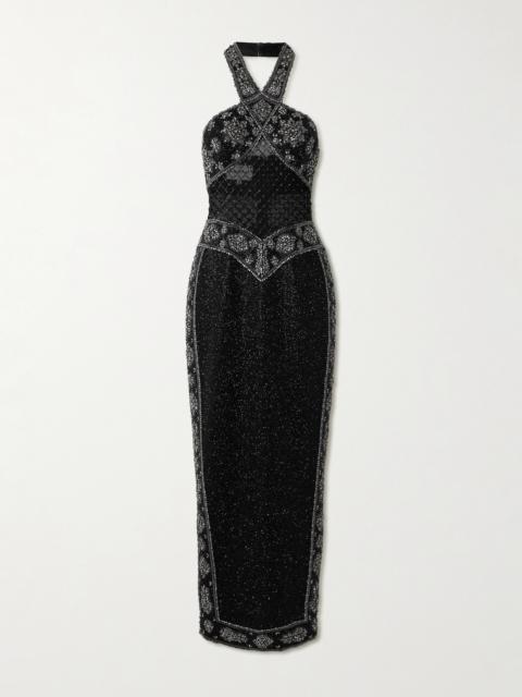 CLIO PEPPIATT Cyndi Cutout Embellished Mesh Halterneck Gown