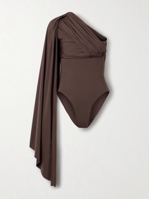 MAYGEL CORONEL Burano One-shoulder Cape-effect Gathered Draped Stretch-jersey Bodysuit
