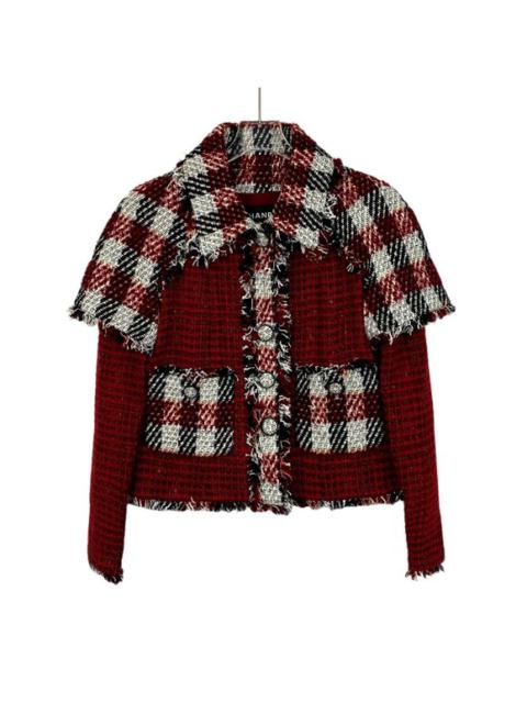 CHANEL Chanel Red & Black Tweed Plaid Fringed Jacket With Decorative Buttons
