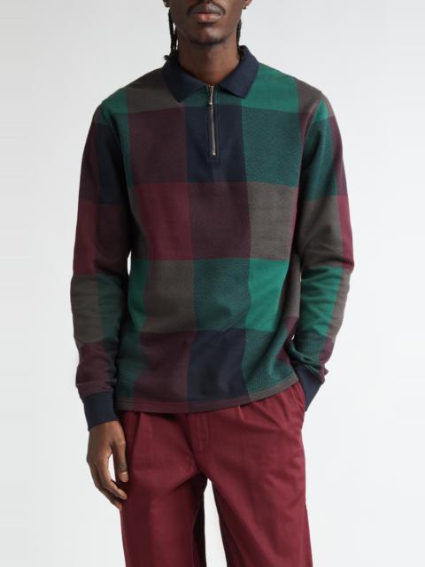 Noah Buffalo Check Herringbone Long Sleeve Zip Polo in Navy/Burgundy/Dk Green at Nordstrom