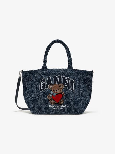 GANNI TWEED DENIM SMALL BEAR TOTE