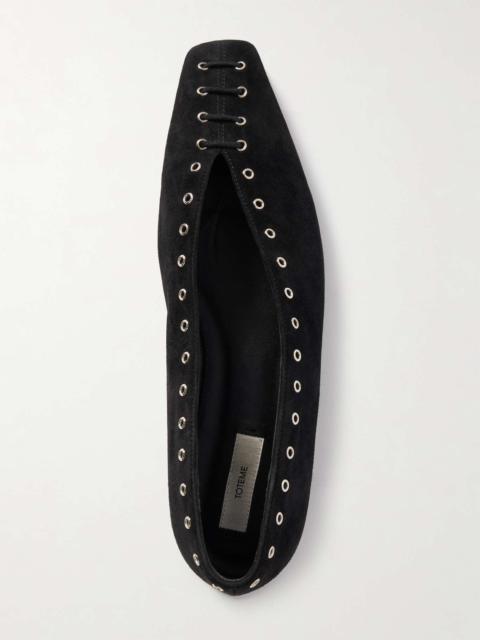 Lace-up eyelet-embellished suede ballet flats Black