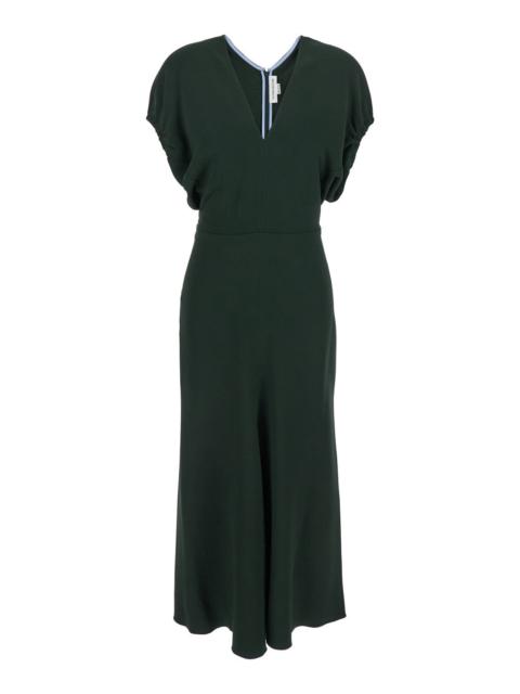 Victoria Beckham Victoria Beckham Women Green Midi Dress With Ruched Sleeves And V Neck In Viscose Blend Stretch Woma