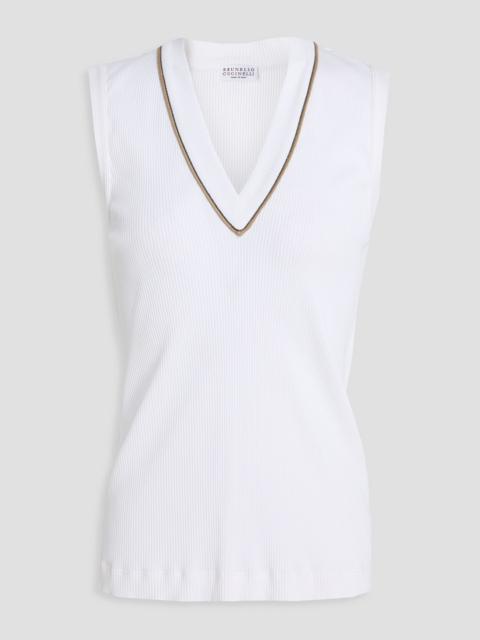 Brunello Cucinelli Bead-embellished ribbed stretch-cotton jersey top