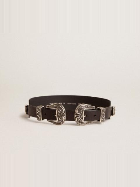 Golden Goose WOMEN'S DOUBLE BUCKLE WASHED LEATHER BELT (BLACK)