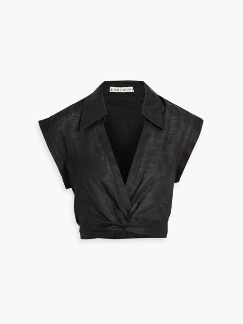 Alice + Olivia Cropped wrap-effect linen top