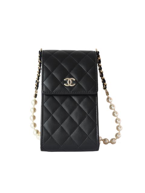 CHANEL Chanel Pearl Matelasse Lambskin Quilted small Flap phone Bag Gold Hardware Black