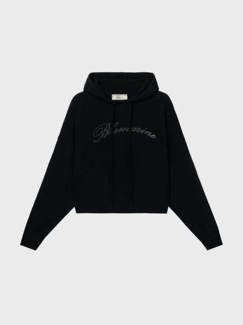 Blumarine WOOL HOODED SWEATER WITH RHINESTONE LOGO