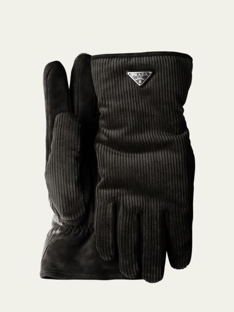 Prada Men's Velluto Coste Corduroy and Suede Gloves