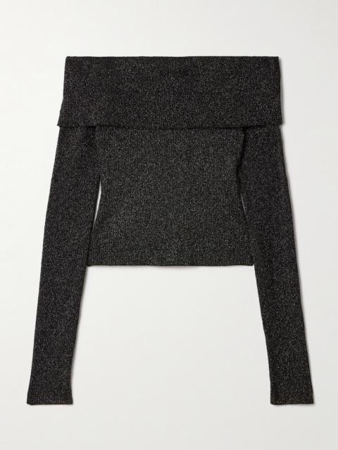 Zimmermann Crush Off-the-shoulder Cropped Metallic Stretch-knit Top