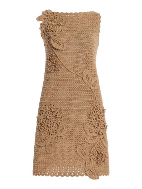 Oscar de la Renta Floral Crochet Cotton Mini Dress tan