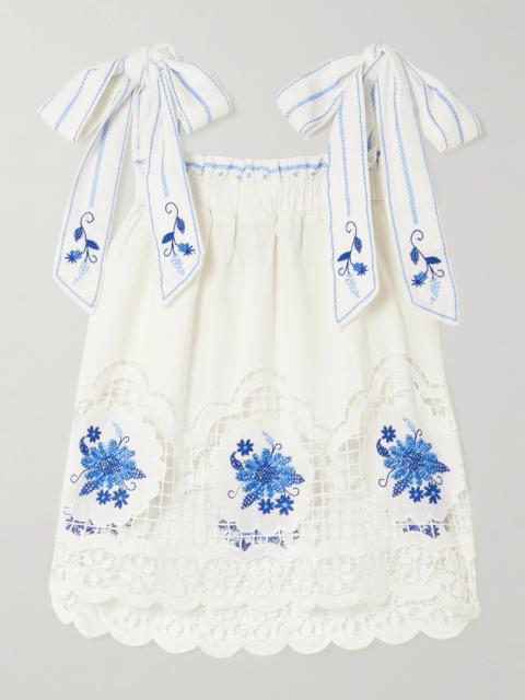 FARM RIO Daisy Embroidered Linen-blend Gauze And Lace Top