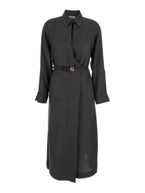 Fendi Women Black Dress With All-Over Ff Motif And Belt With Plaque At The Waist In Silk Woman