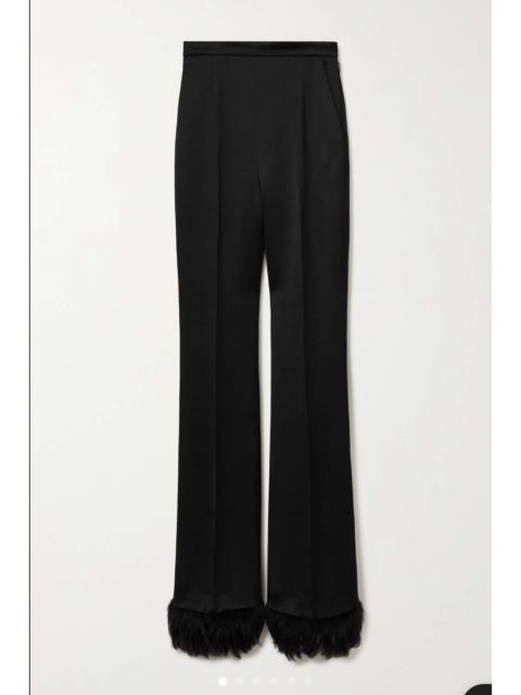 SAINT LAURENT Feather-trimmed satin-crepe straight-leg pants