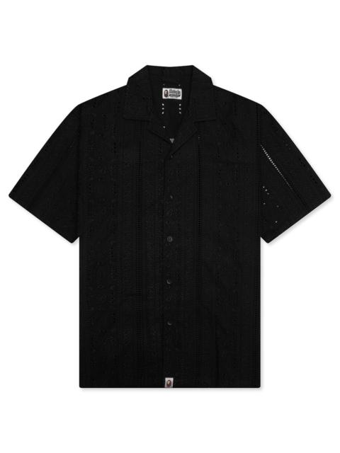 A BATHING APE® EMBROIDERY OPEN COLLAR S/S SHIRT - BLACK