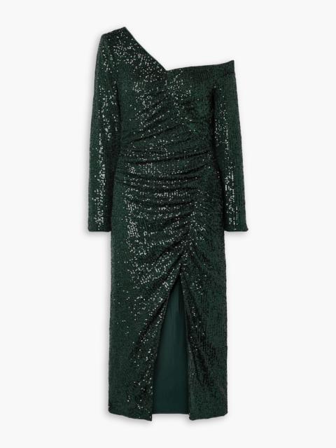 self-portrait One-shoulder ruched sequined stretch-tulle midi dress