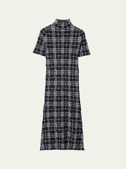 Burberry Check Short-Sleeve Crinkle Midi Dress