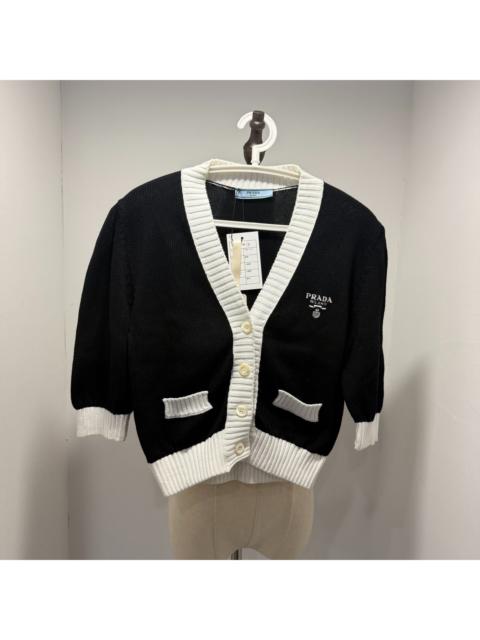 Prada Prada Embroidered Logo Black White Color-Blocked Cardigan