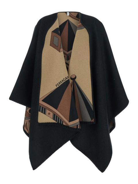 FERRAGAMO Ferragamo Women Black Reversible Cape With Nadir Print And Logo Lettering On The Front In Cashmere A