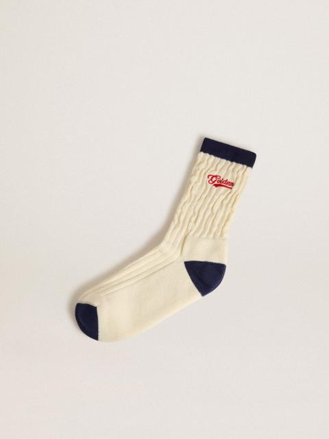 Golden Goose Cream ribbed socks with navy blue details and red logo