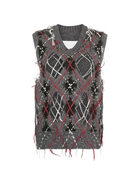 Maison Margiela Men's Grey / Dark Green / Walnut Cut-Out Intarsia-Knit Vest