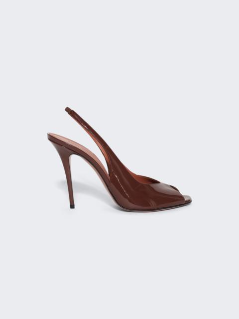 Amina Muaddi Kristina Sling Peep Toe Pumps Patent Chocolate