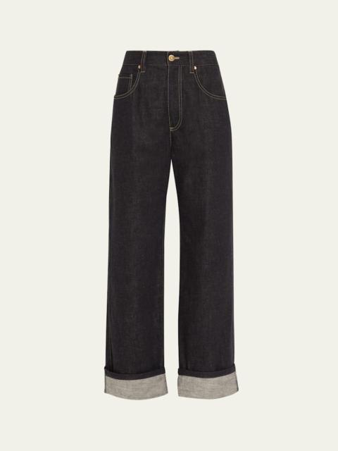Brunello Cucinelli Dark-Wash Wide-Leg Cuffed Jeans