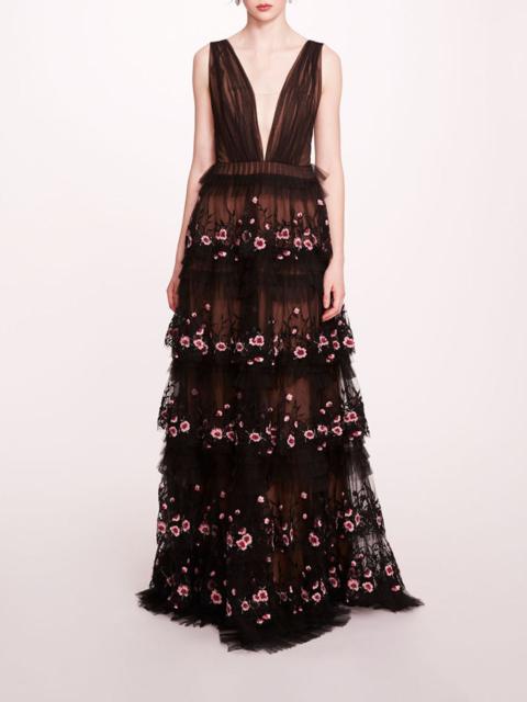 Marchesa TIERED TERRARIUM V-NECK GOWN