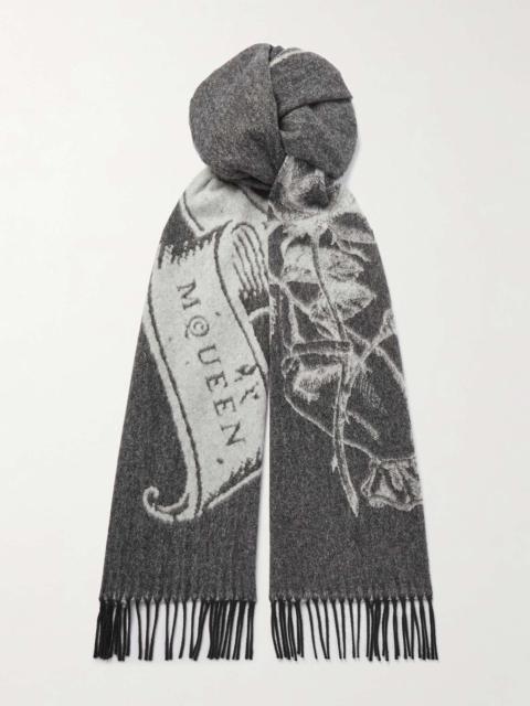 Fringed cashmere and wool-blend jacquard scarf Black