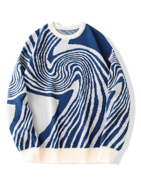Other Designers Streetwear Gothic Punk Maze Jacquard Knitted High Quality Blue Sweater Contrast Color Sweatshirt