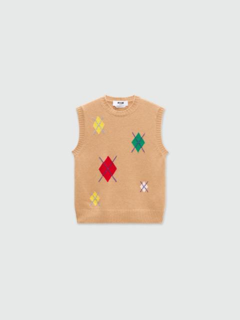 MSGM Beige knitted vest with multicolor argyle pattern